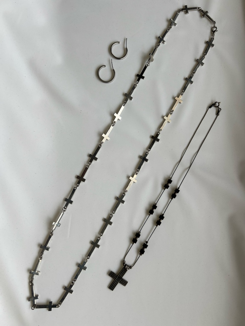 Silver Cross Layered Necklace Set with Hoop Earrings